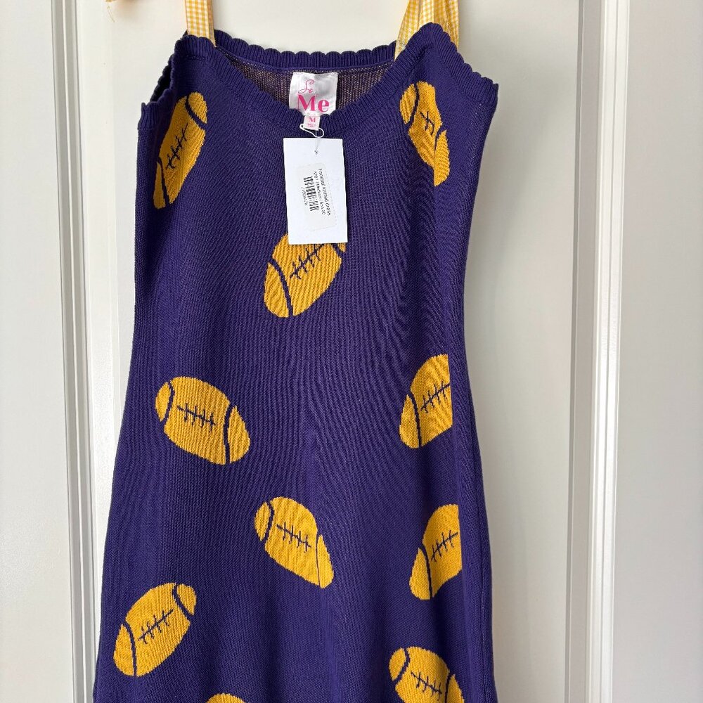 Football printed knit dress with gingham ribbon straps and a stripe ruffle along
